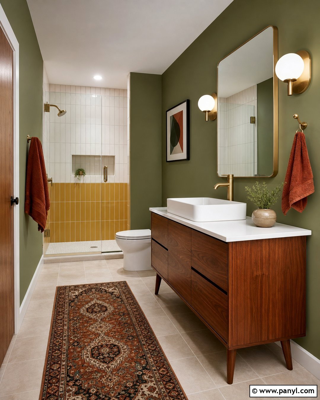 Green Bathroom Walls With Midcentury Decor - 35 Bathroom Green Walls