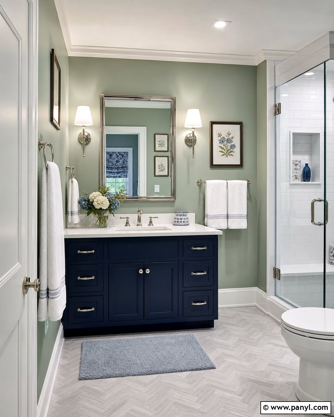 Green Bathroom Walls With Navy Vanity - 35 Bathroom Green Walls
