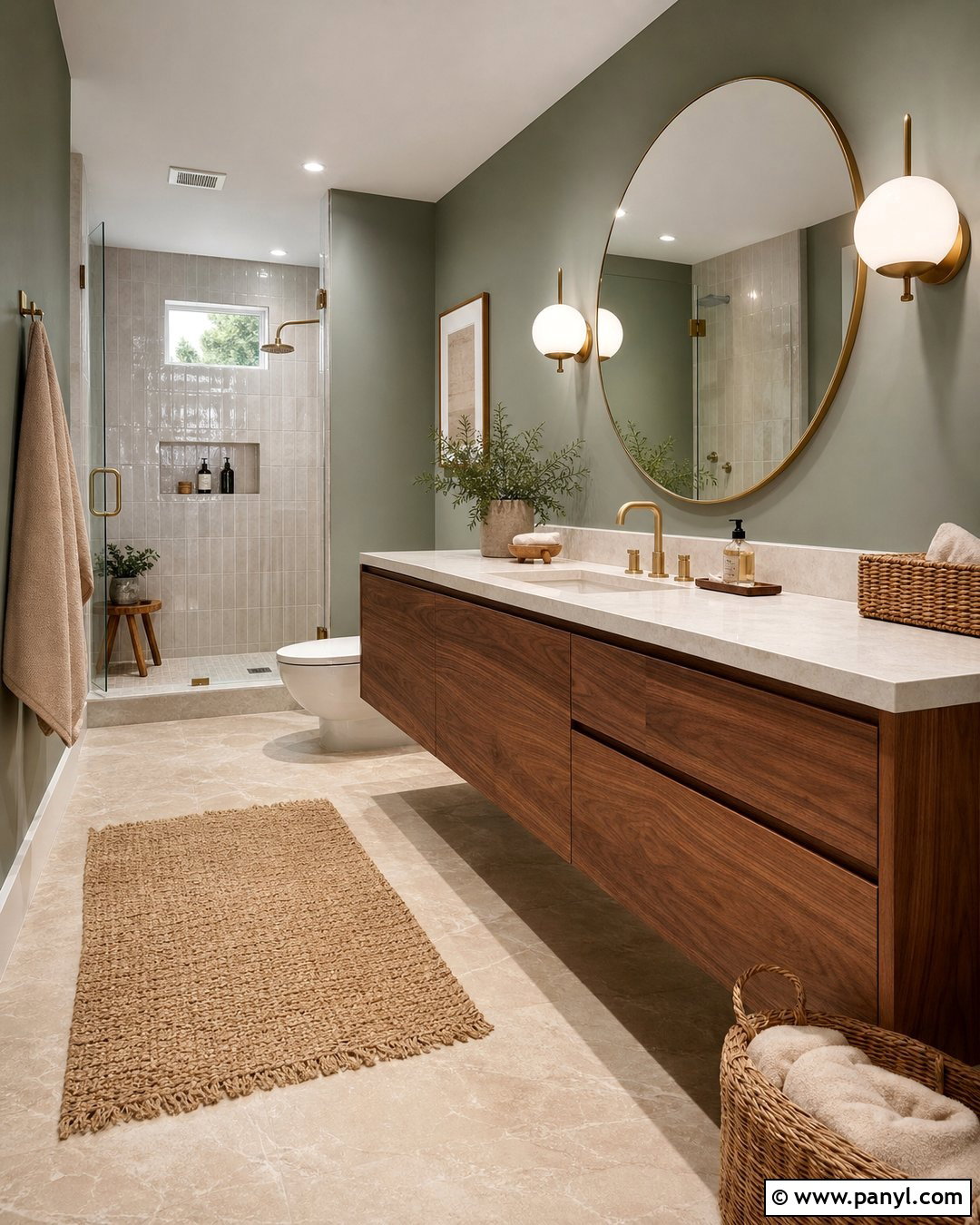 Green Bathroom Walls With Walnut Vanity - 35 Bathroom Green Walls