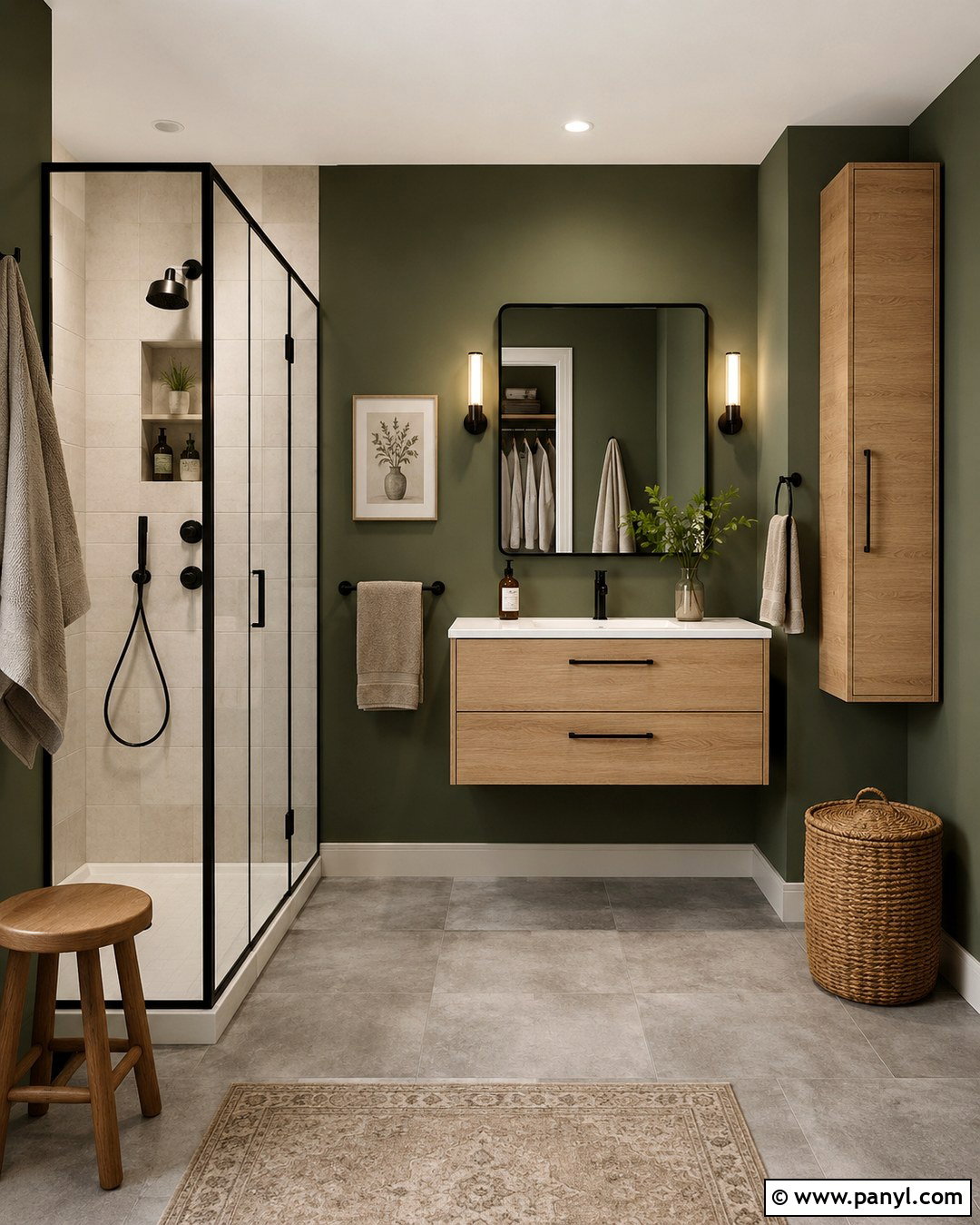 Green Bathroom With Black Fixtures And Grey Floor - 20 Bathroom Green Walls Grey Floor Ideas