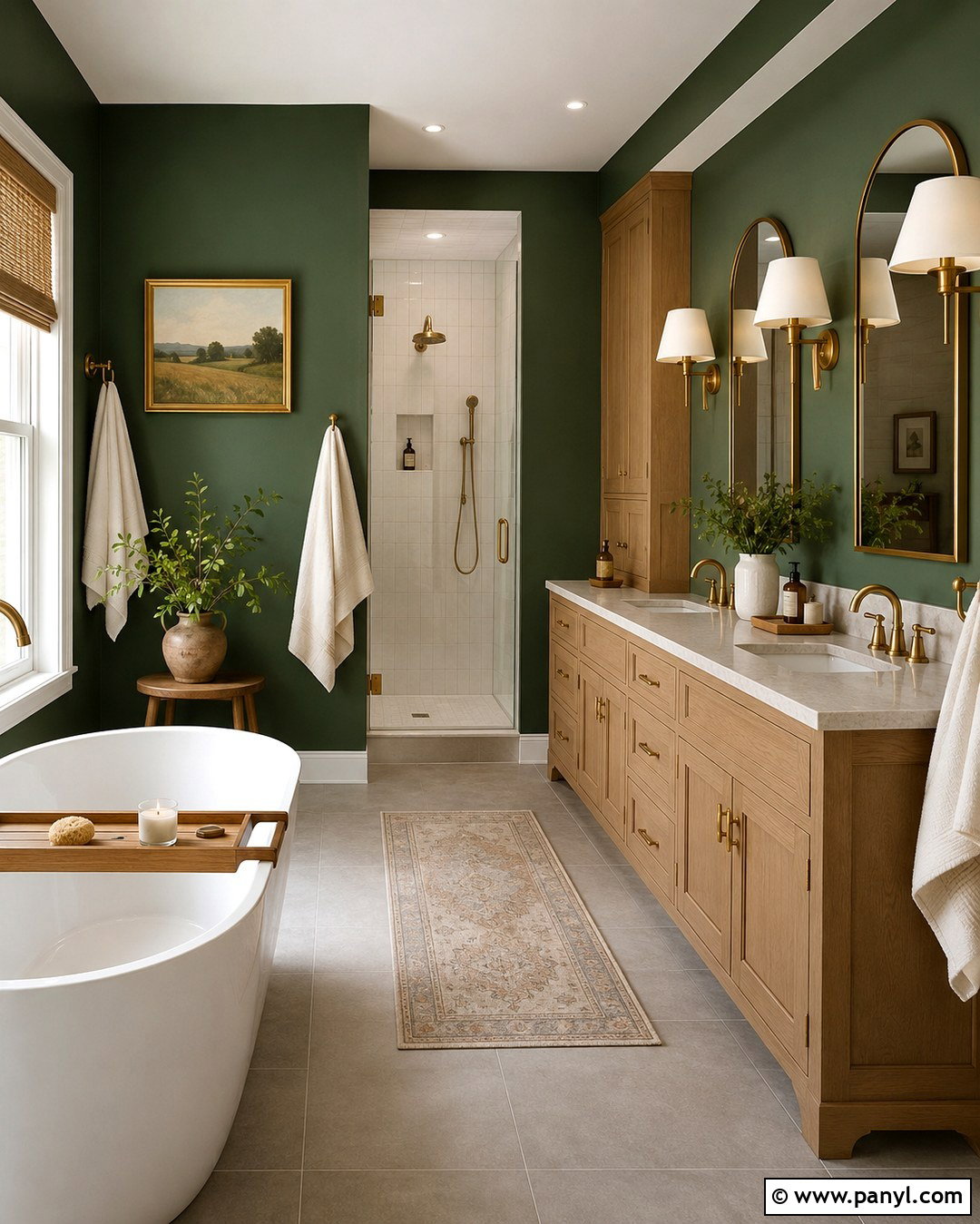 Green Bathroom With Brass Fixtures And Grey Floor - 20 Bathroom Green Walls Grey Floor Ideas