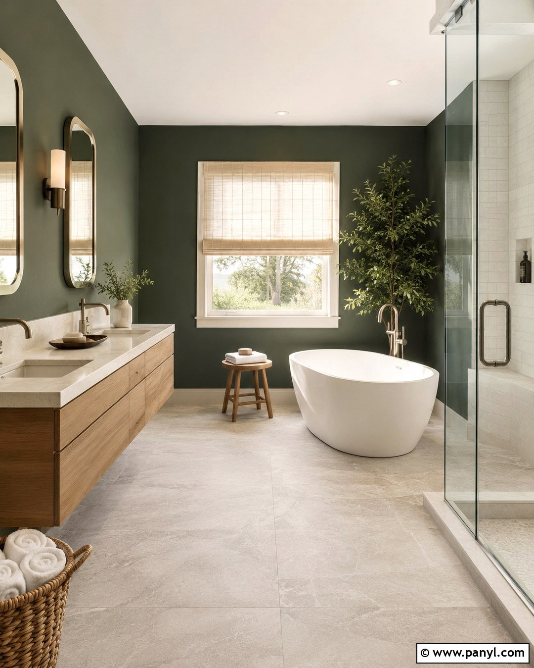 Green Bathroom With Freestanding Tub And Grey Floor - 20 Bathroom Green Walls Grey Floor Ideas
