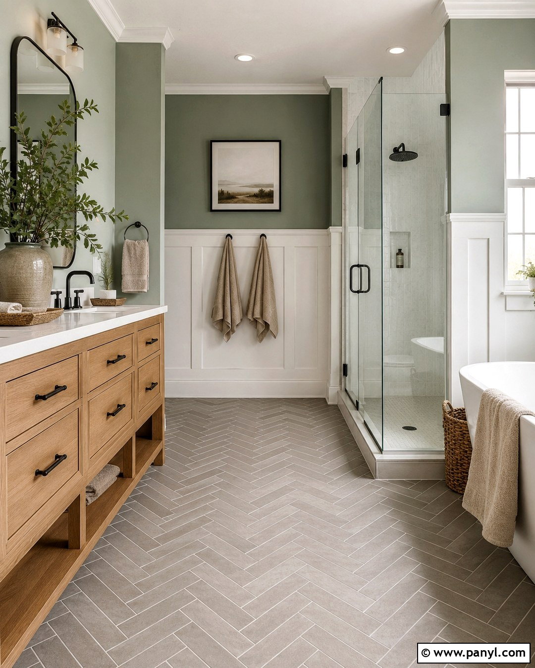 Green Bathroom With Grey Herringbone Floor - 20 Bathroom Green Walls Grey Floor Ideas