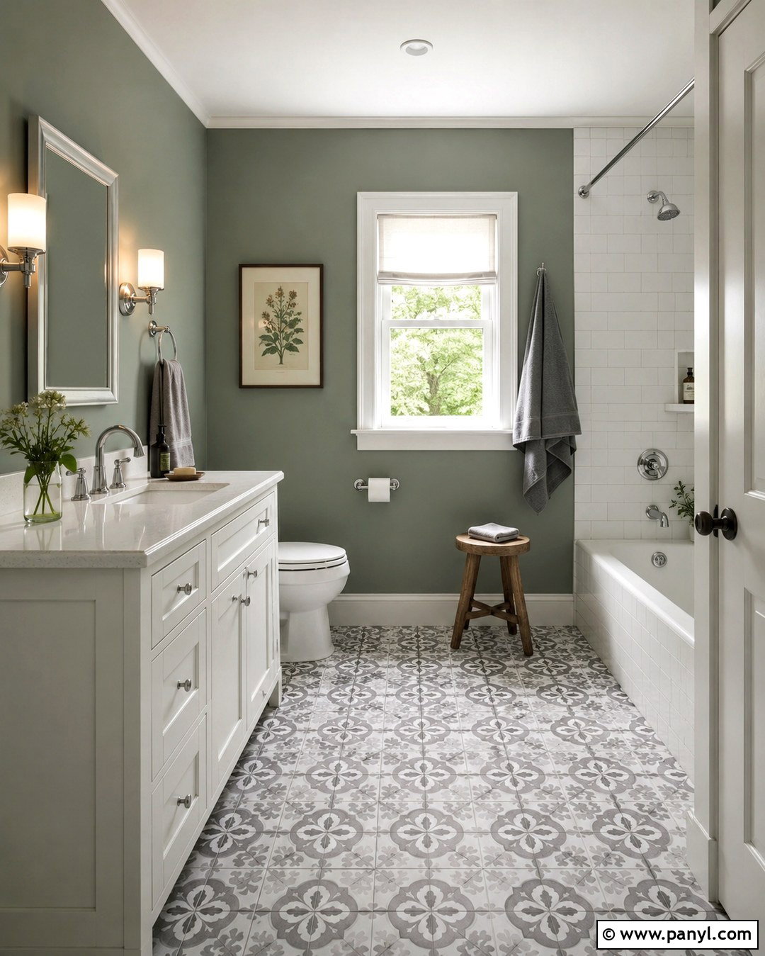 Green Bathroom With Grey Patterned Floor - 20 Bathroom Green Walls Grey Floor Ideas
