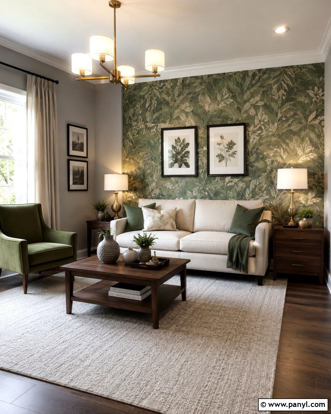 Green Botanical Wallpaper Accent Wall - 20 Gray Walls With Green Accent Wall Ideas