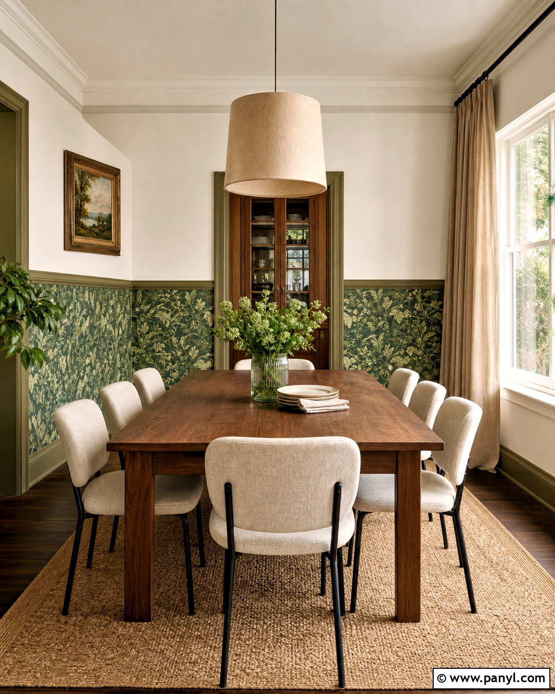 Green Botanical Wallpaper In A Dining Room - 20 wallpaper on bottom half of wall ideas
