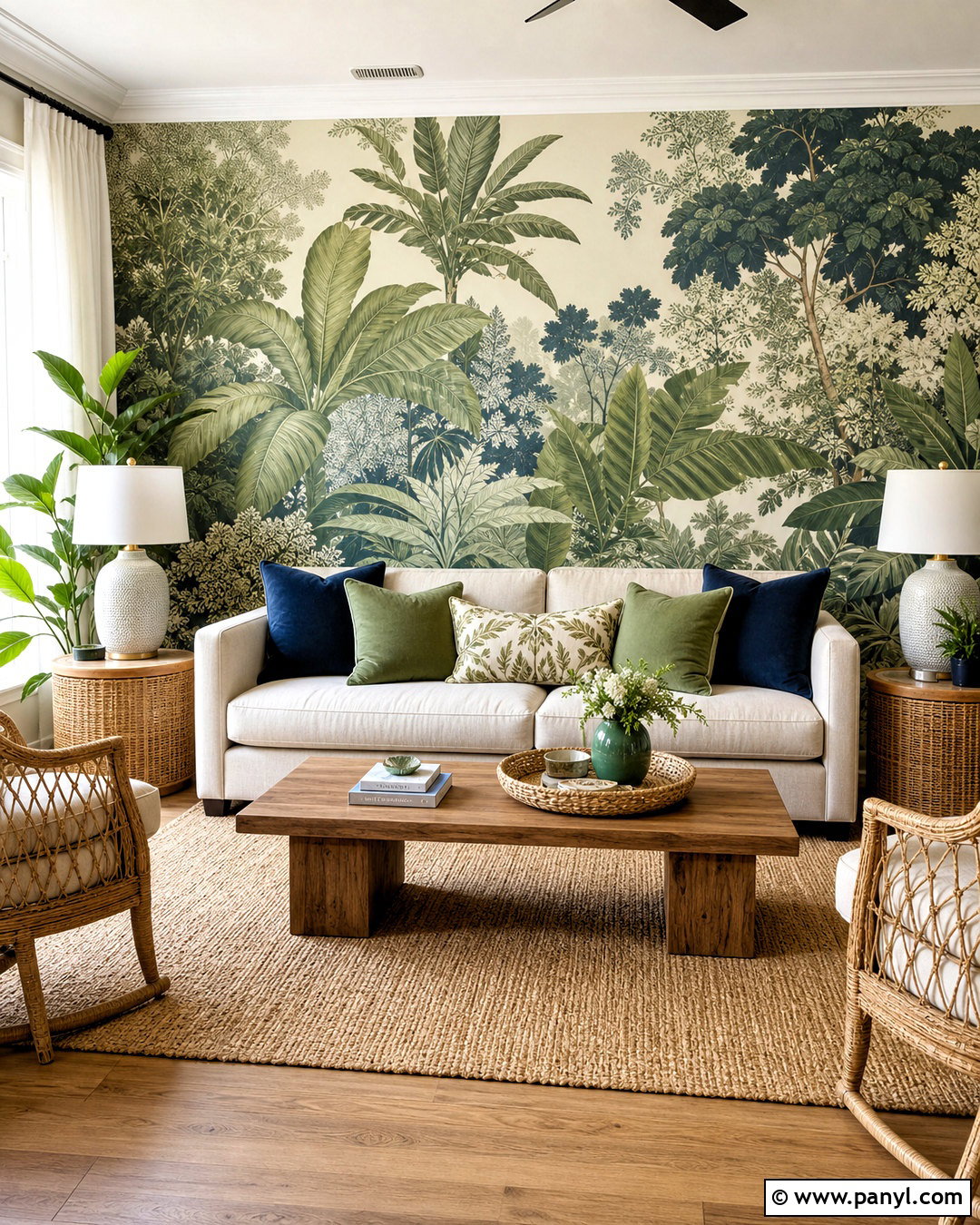 Green Botanical Wallpaper Wall - 20 green feature wall living room ideas