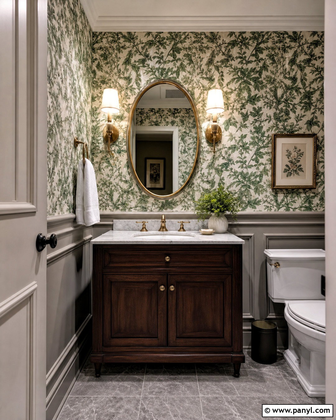 Green Botanical Wallpaper With Grey Wainscoting - 20 grey and green bathroom ideas