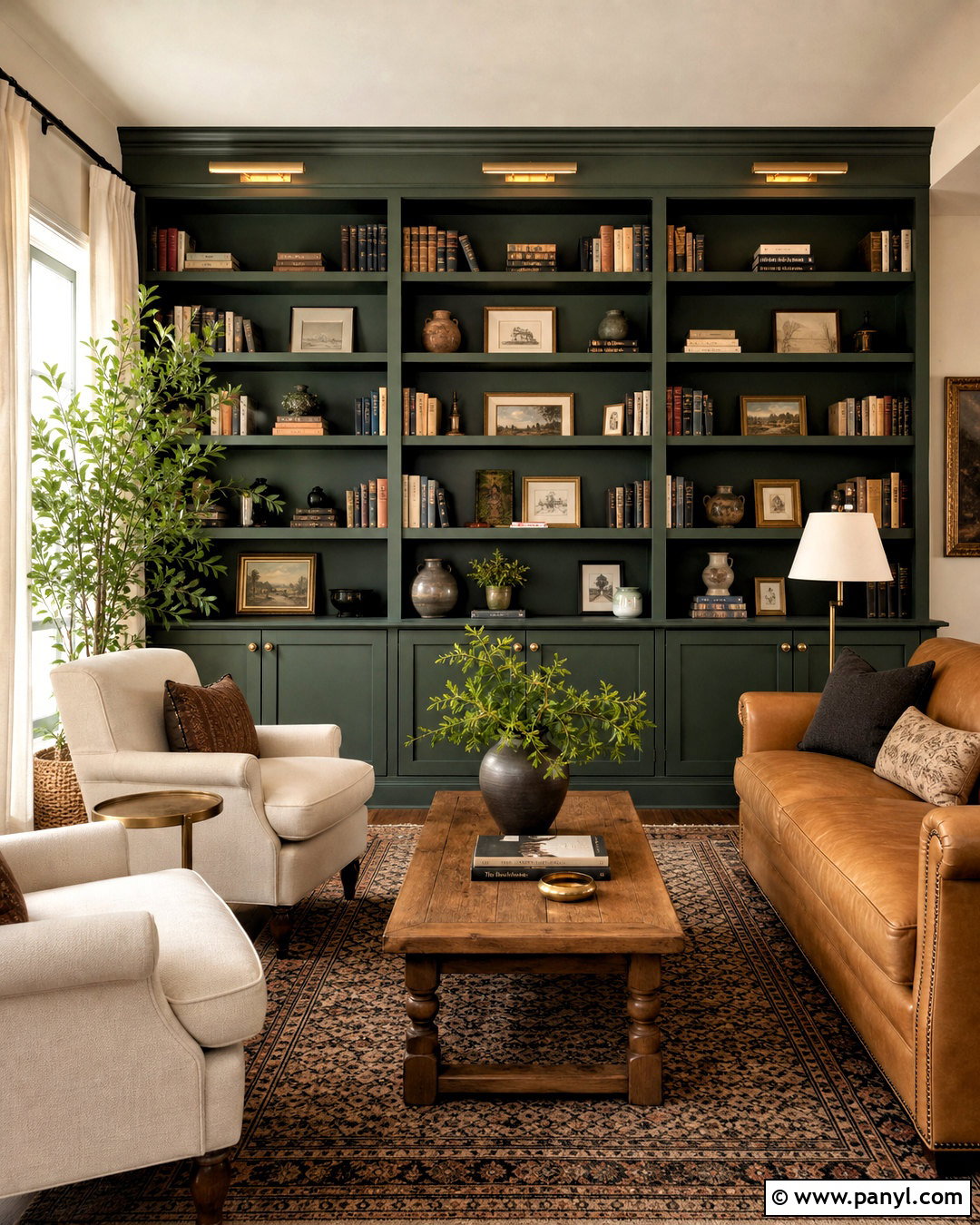 Green Built-In Bookcase Wall - 20 green feature wall living room ideas