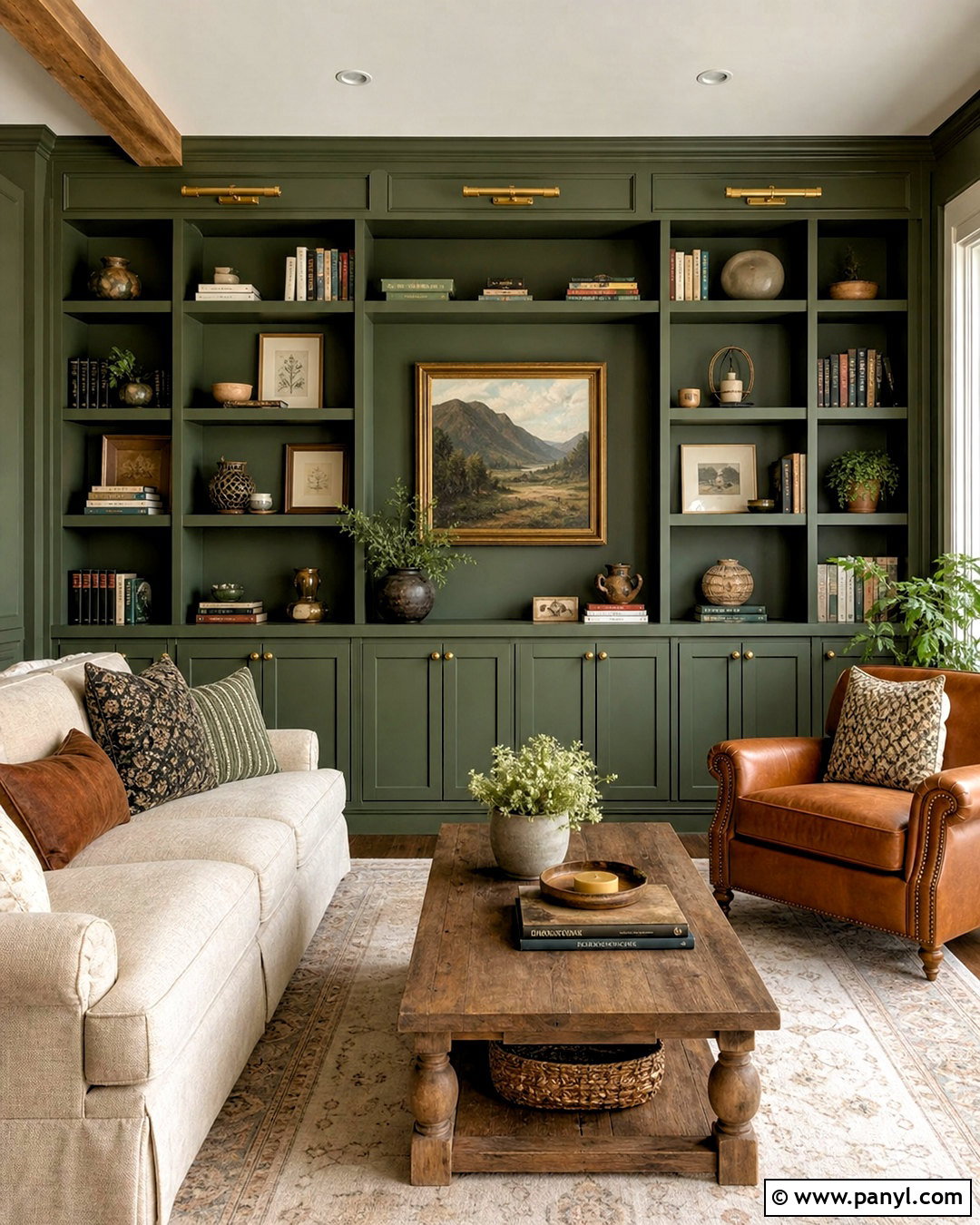 Green Built-In Shelving Accent Wall - 20 green accent wall living room ideas
