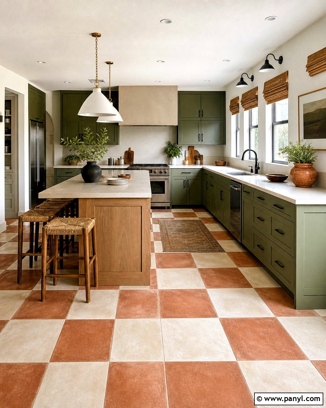 Green Cabinets With Terracotta Checkerboard Floors - 20 green and terracotta kitchen ideas