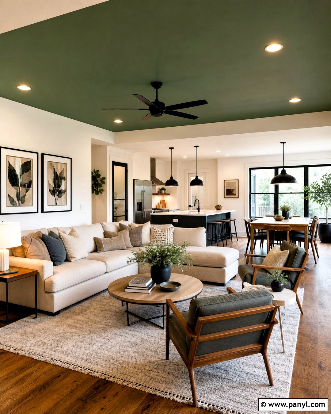 Green Ceiling Open-Concept Living Room - 20 green ceiling living room ideas