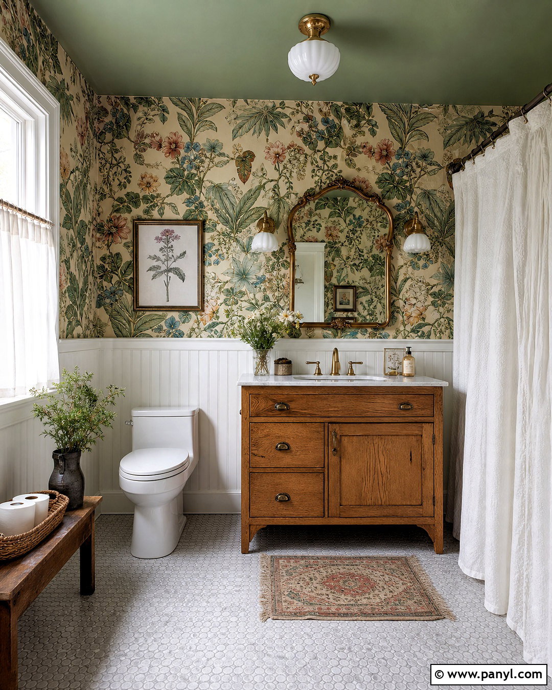 Green Ceiling With Floral Wallpaper - 20 green ceiling bathroom ideas
