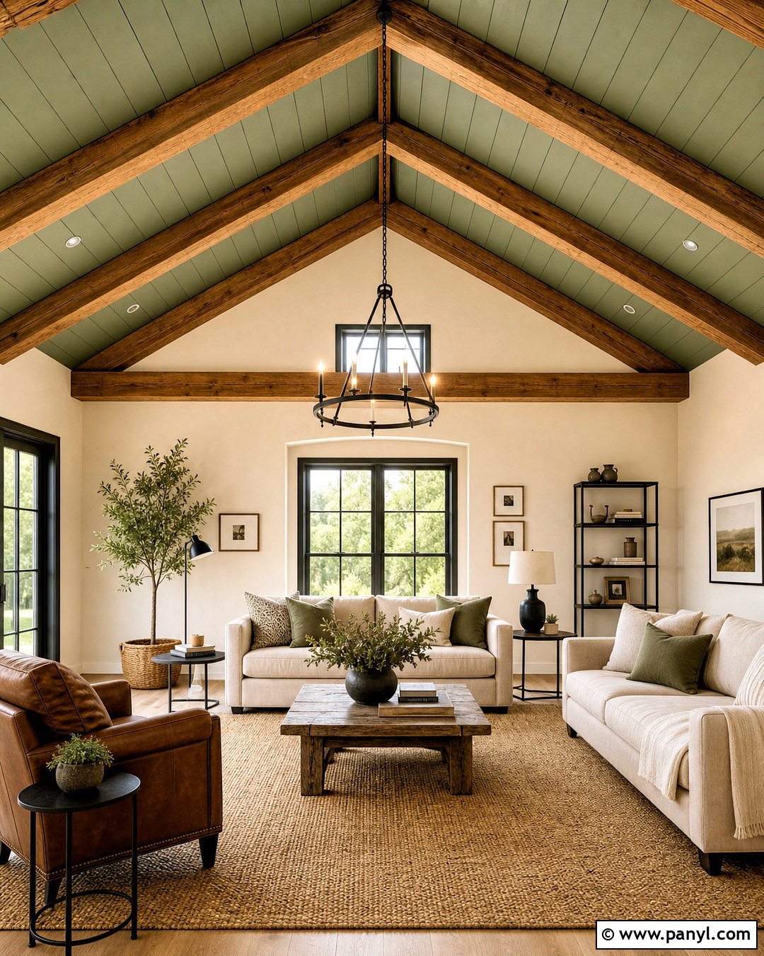 Green Ceiling With Wood Beams - 20 green ceiling living room ideas