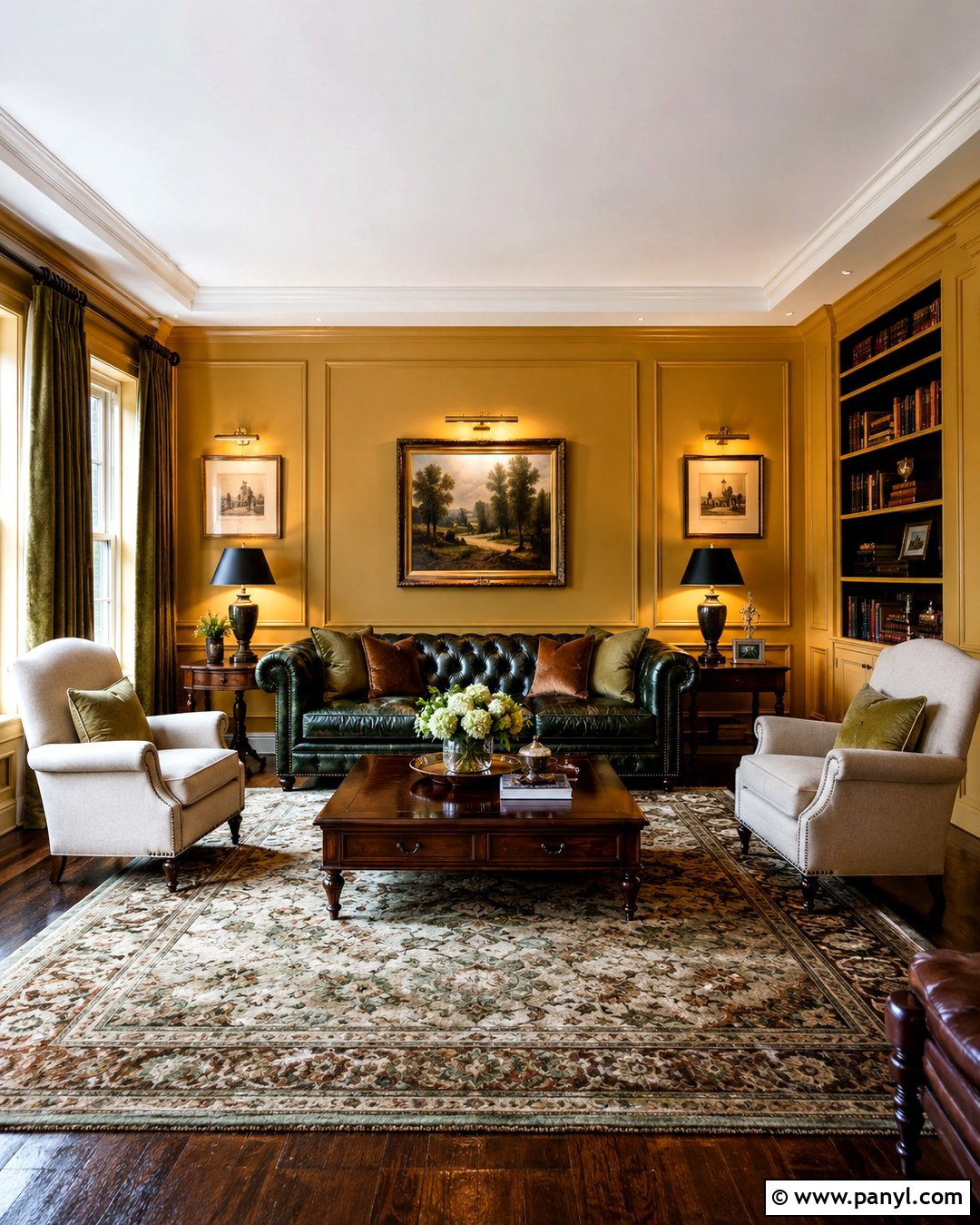 Green Chesterfield Sofa With Yellow Paneled Walls - 20 Green Sofa Yellow Wall Ideas