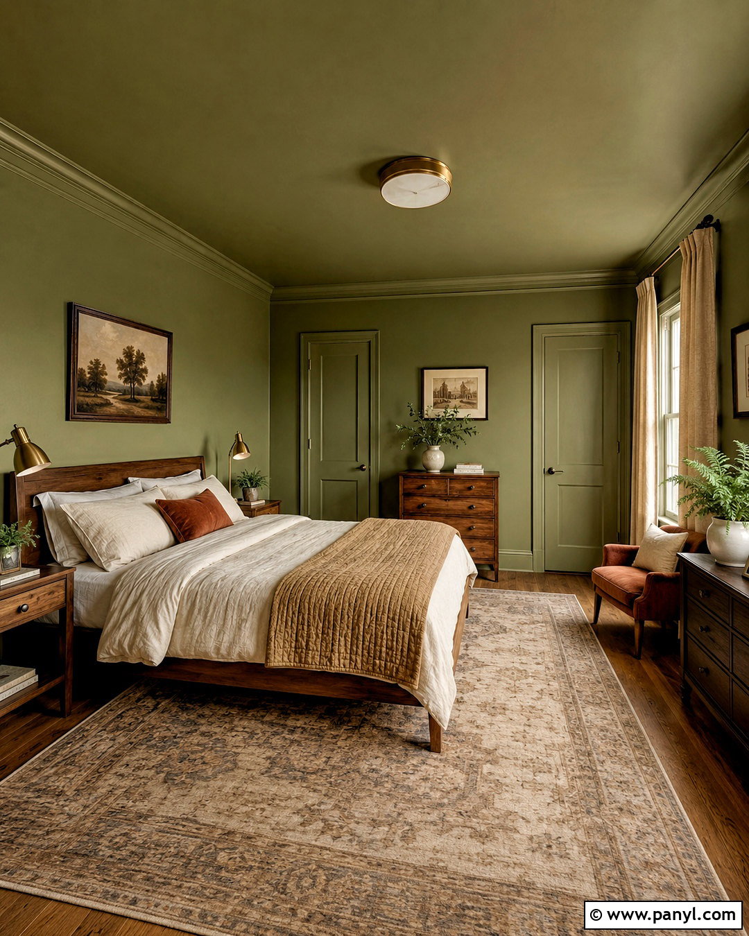 Green Color Drenched Bedroom - 35 Wall Paint Bedroom Ideas