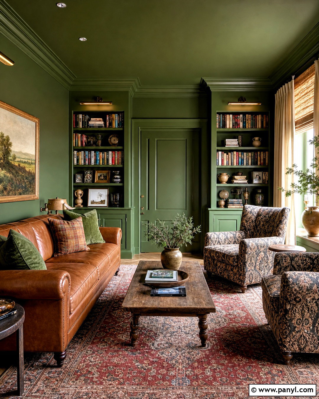 Green Color Drenched Den - 20 green color room ideas