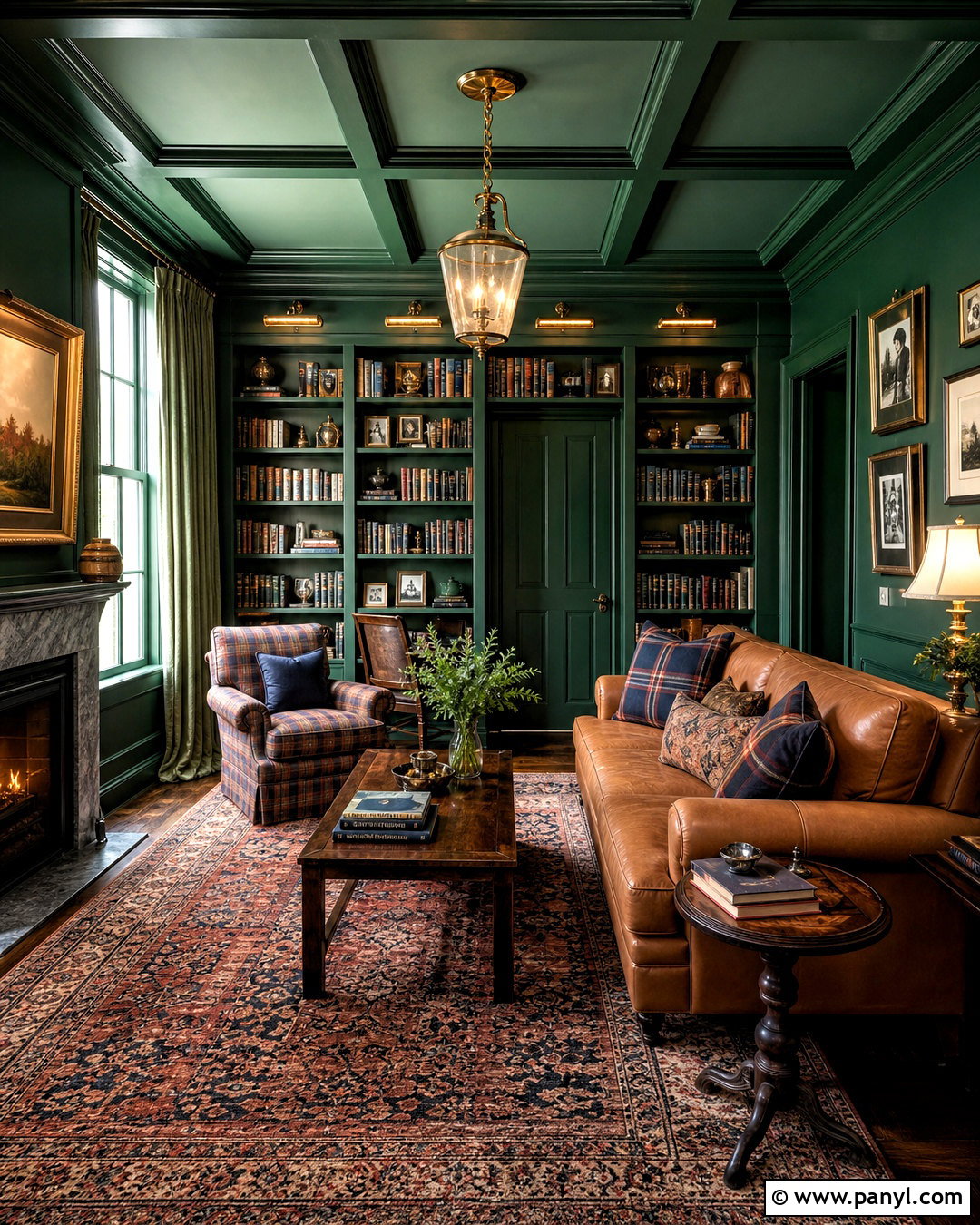 Green Color Drenched Library - 20 green wall interior design ideas