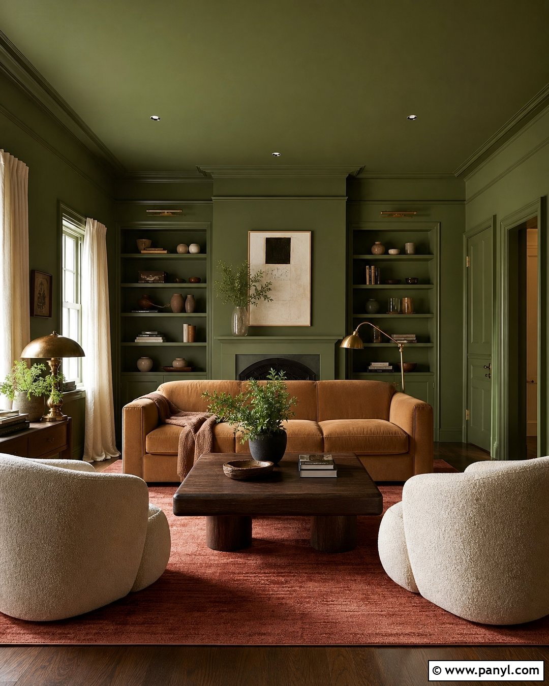 Green Color Drenched Living Room - 50 green walls