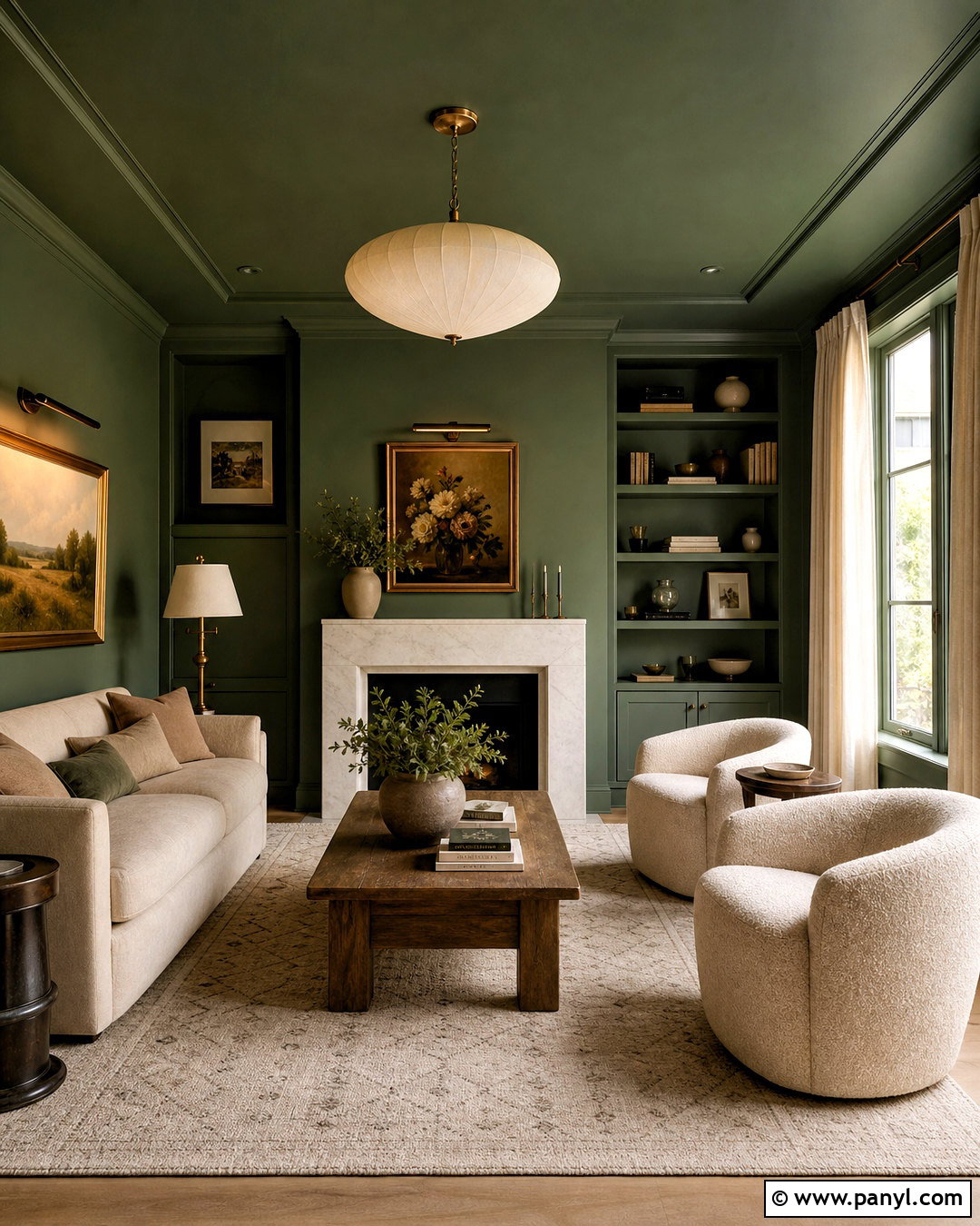 Green Color-Drenched Living Room - 20 green ceiling living room ideas