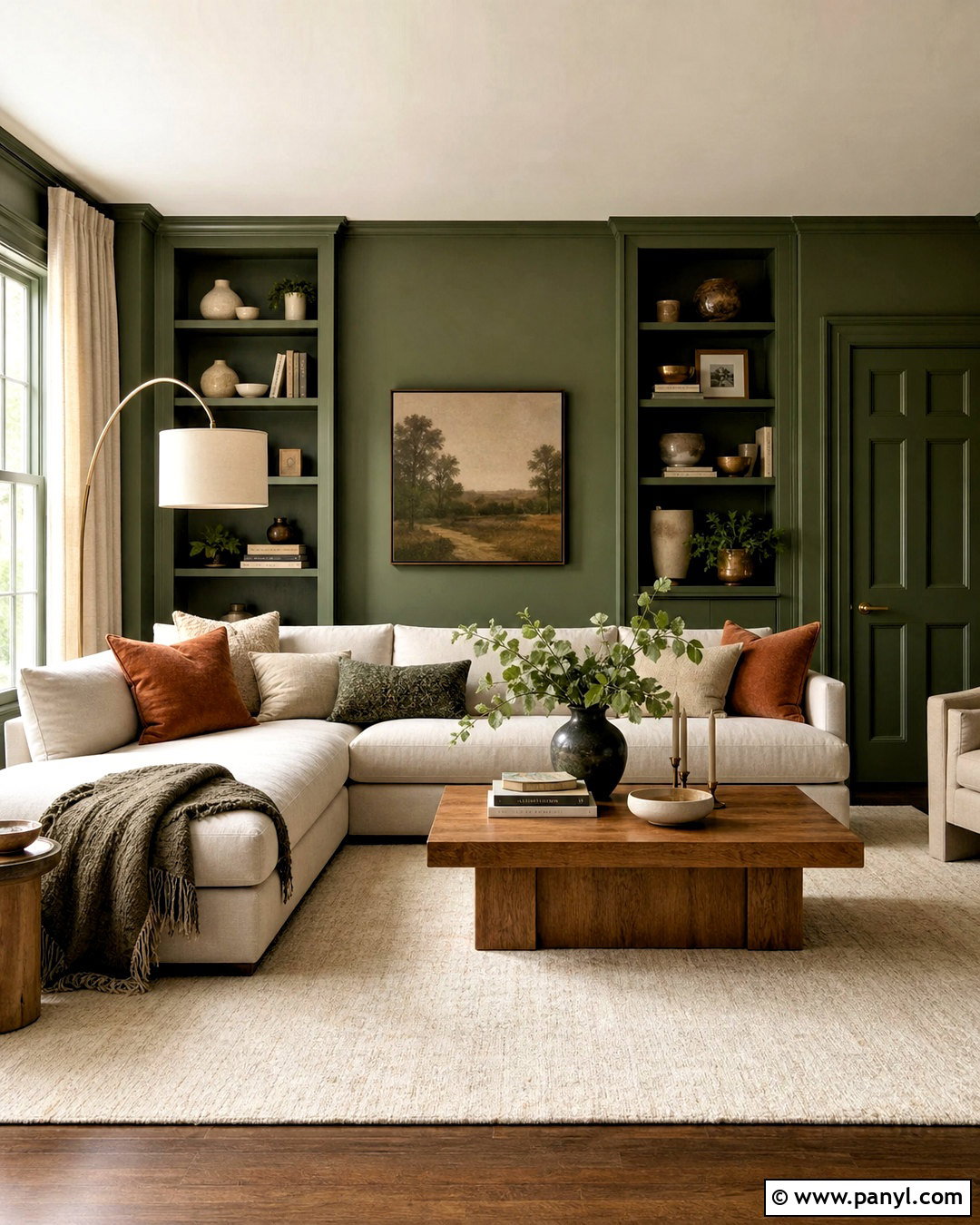 Green Color-Drenched Living Room - 20 green wall aesthetic ideas