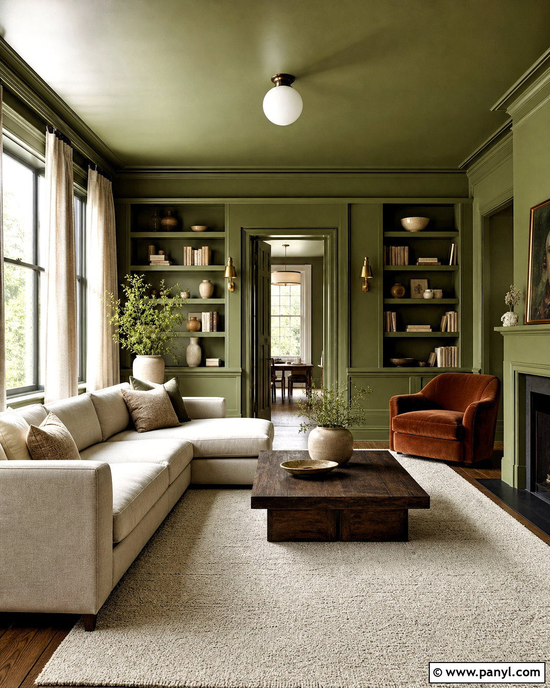 Green Color-Drenched Living Room - 20 green walls living room ideas