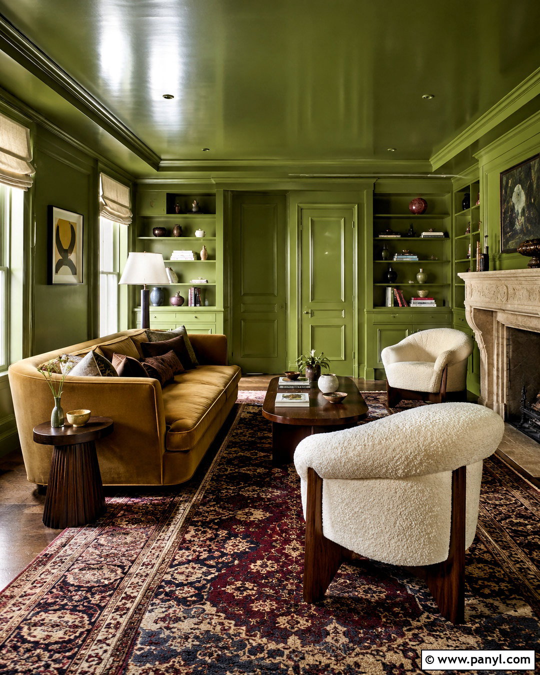 Green Color Drenched Living Room - 40 green wall room ideas