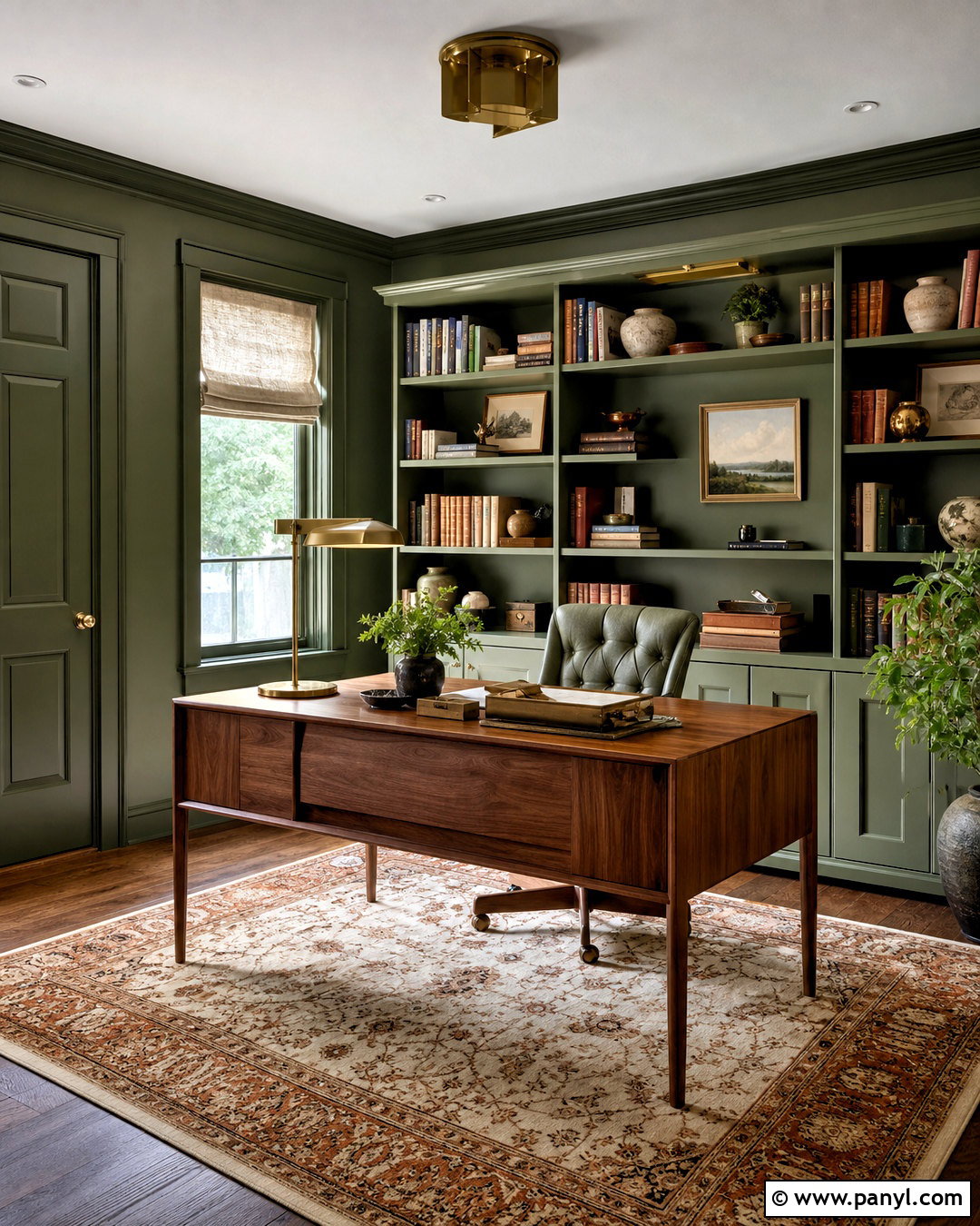 Green Color Drenched Study - 20 green room aesthetic ideas