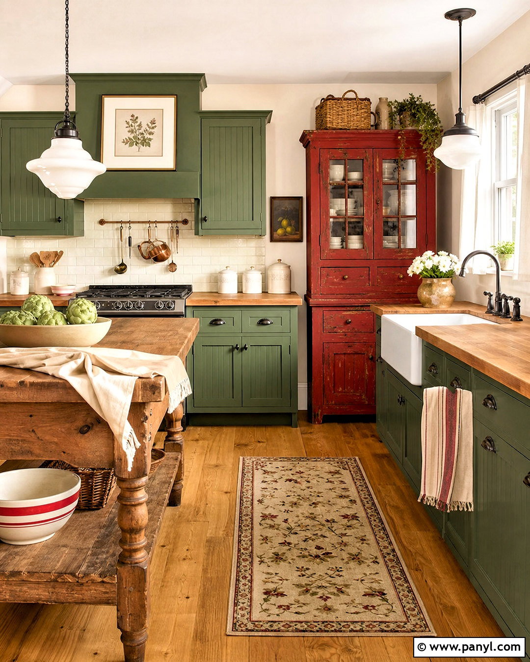 Green Cottage Kitchen With Red Hutch - 20 green and red kitchen ideas