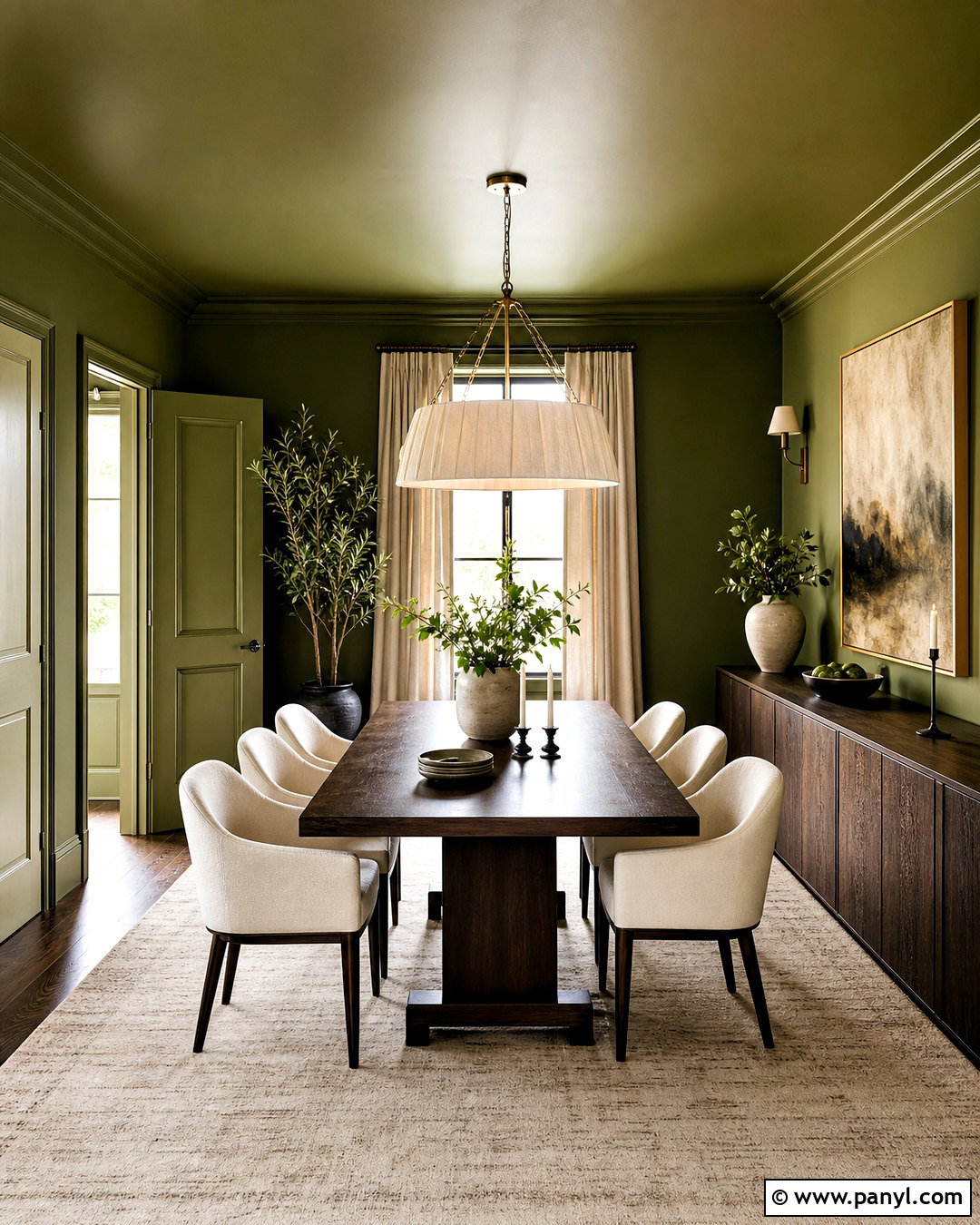 Green Dining Room With Color-Drenched Walls - 20 green wall ideas