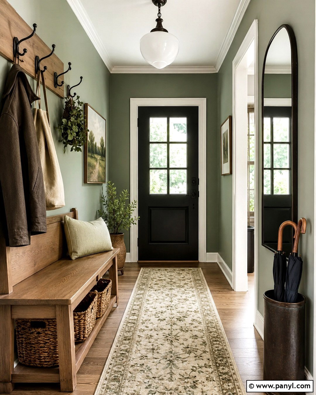 Green Entryway Walls With Wood Bench - 20 Green Walls In House Ideas