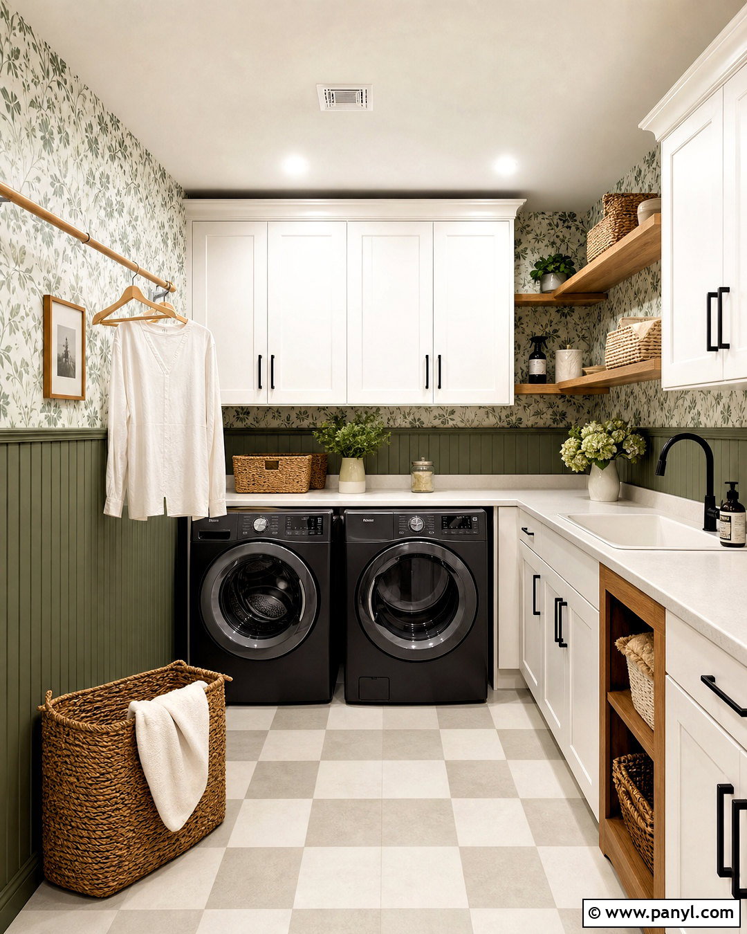 Green Floral Half Wall Wallpaper In A Laundry Room - 20 half wall wallpaper ideas