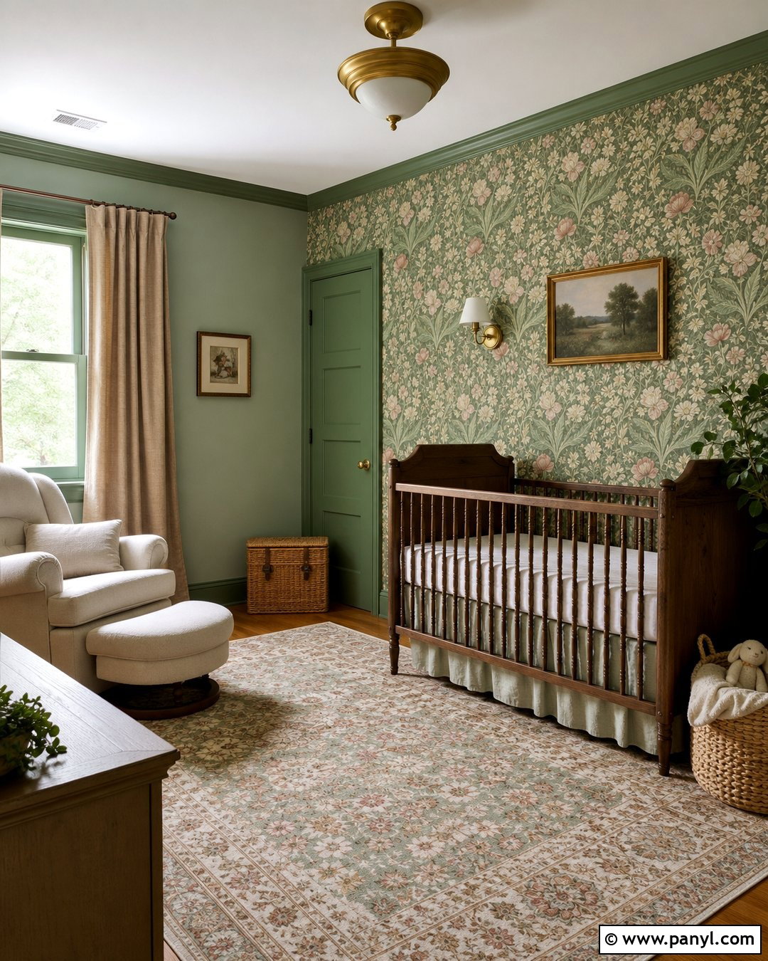 Green Floral Wallpaper And Painted Trim - 20 Green Nursery Wall Color Ideas