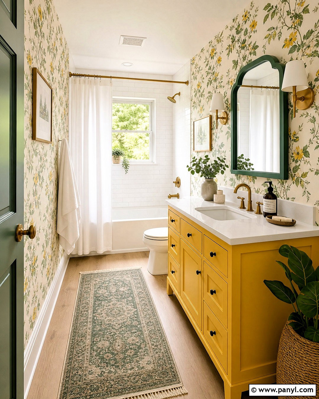 Green Floral Wallpaper With Yellow Vanity - 20 green and yellow bathroom ideas