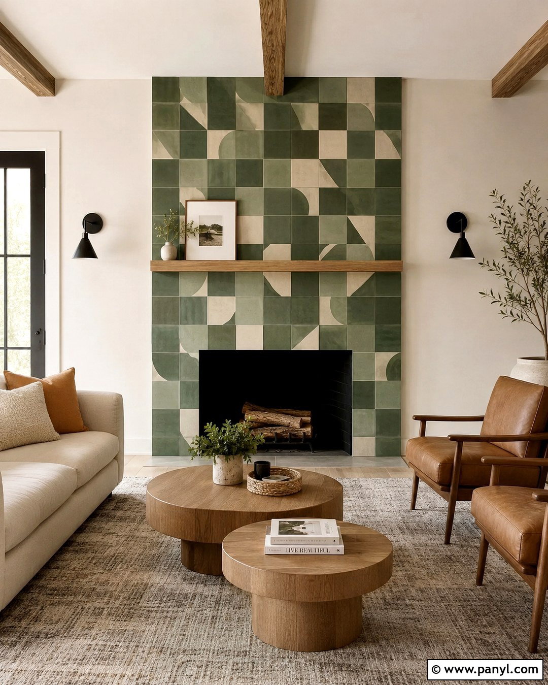 Green Geometric Tile Fireplace Wall - 20 Green Wall Behind Fireplace Ideas
