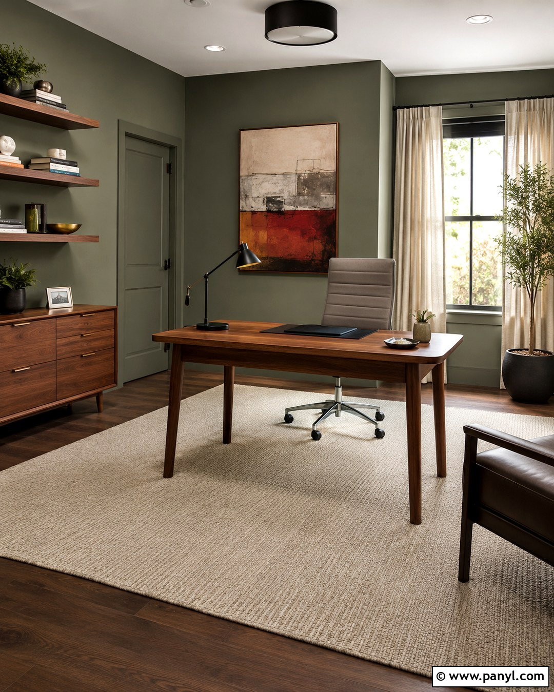 Green Gray Home Office With Walnut Furniture - 20 Green Gray Wall Paint Ideas