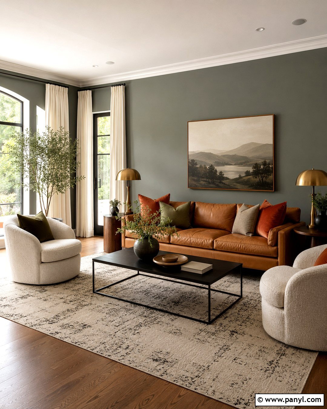 Green Gray Living Room With Leather Sofa - 20 Green Gray Wall Paint Ideas