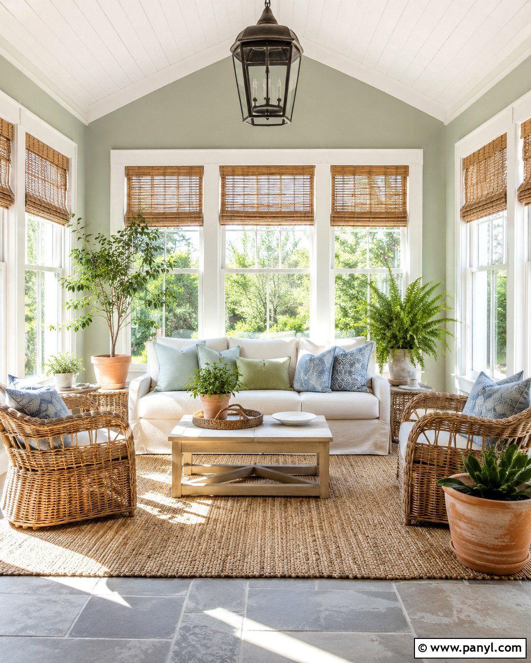 Green Gray Sunroom With Wicker Furniture - 20 Green Gray Wall Paint Ideas