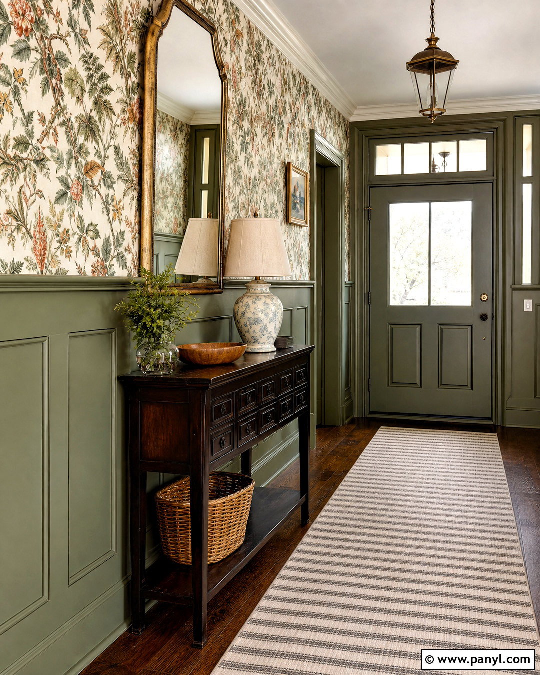 Green Half Wall Paneling With Botanical Wallpaper - 20 half paneled walls