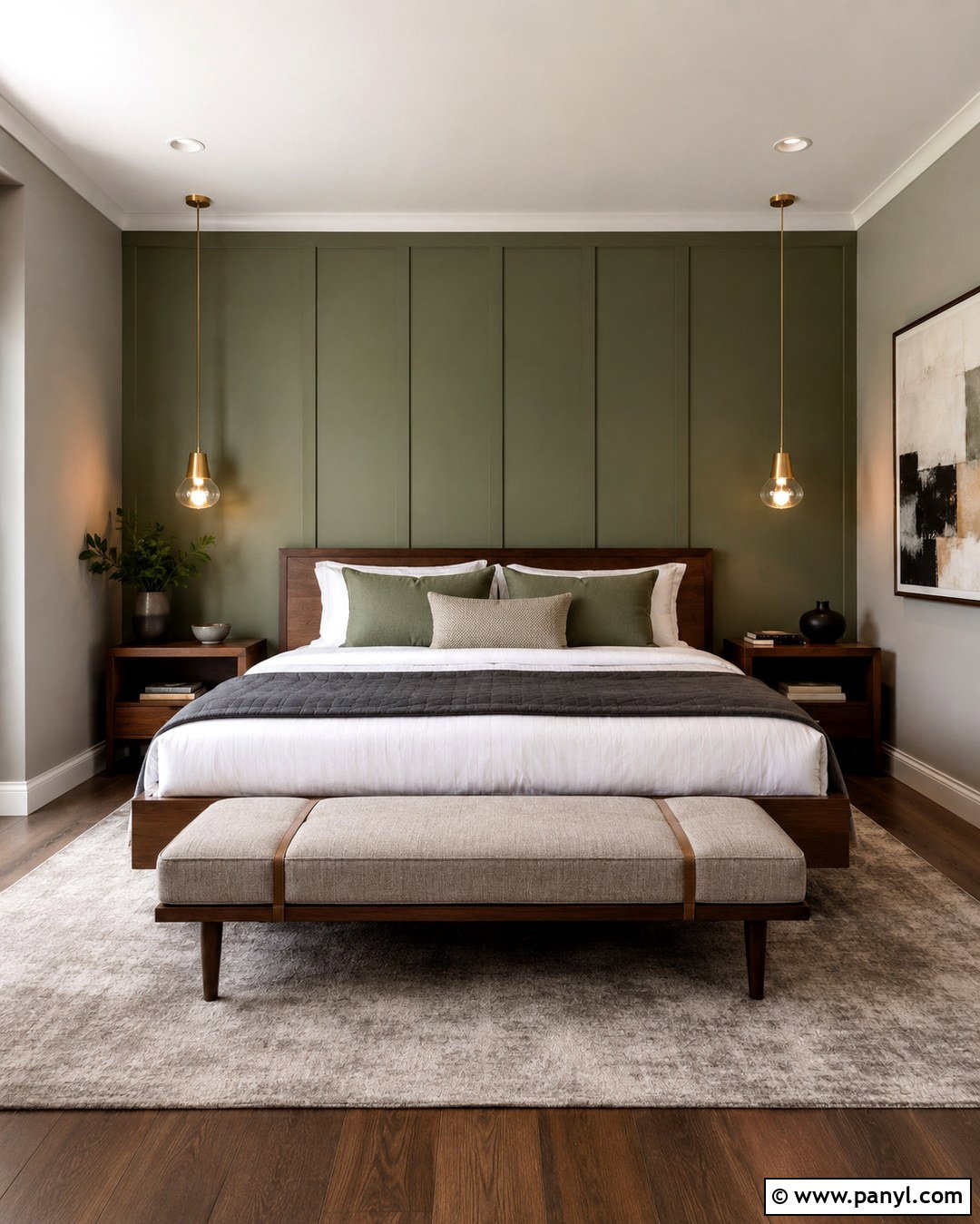 Green Headboard Wall With Gray Paneling - 20 Gray Walls With Green Accent Wall Ideas