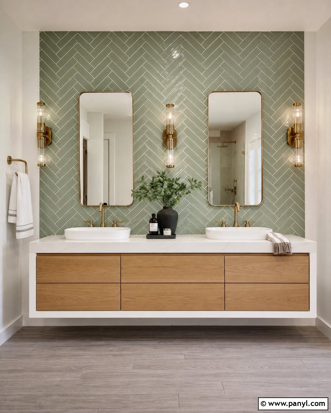 Green Herringbone Bathroom Accent Wall - 35 Green Accent Wall Bathroom Ideas