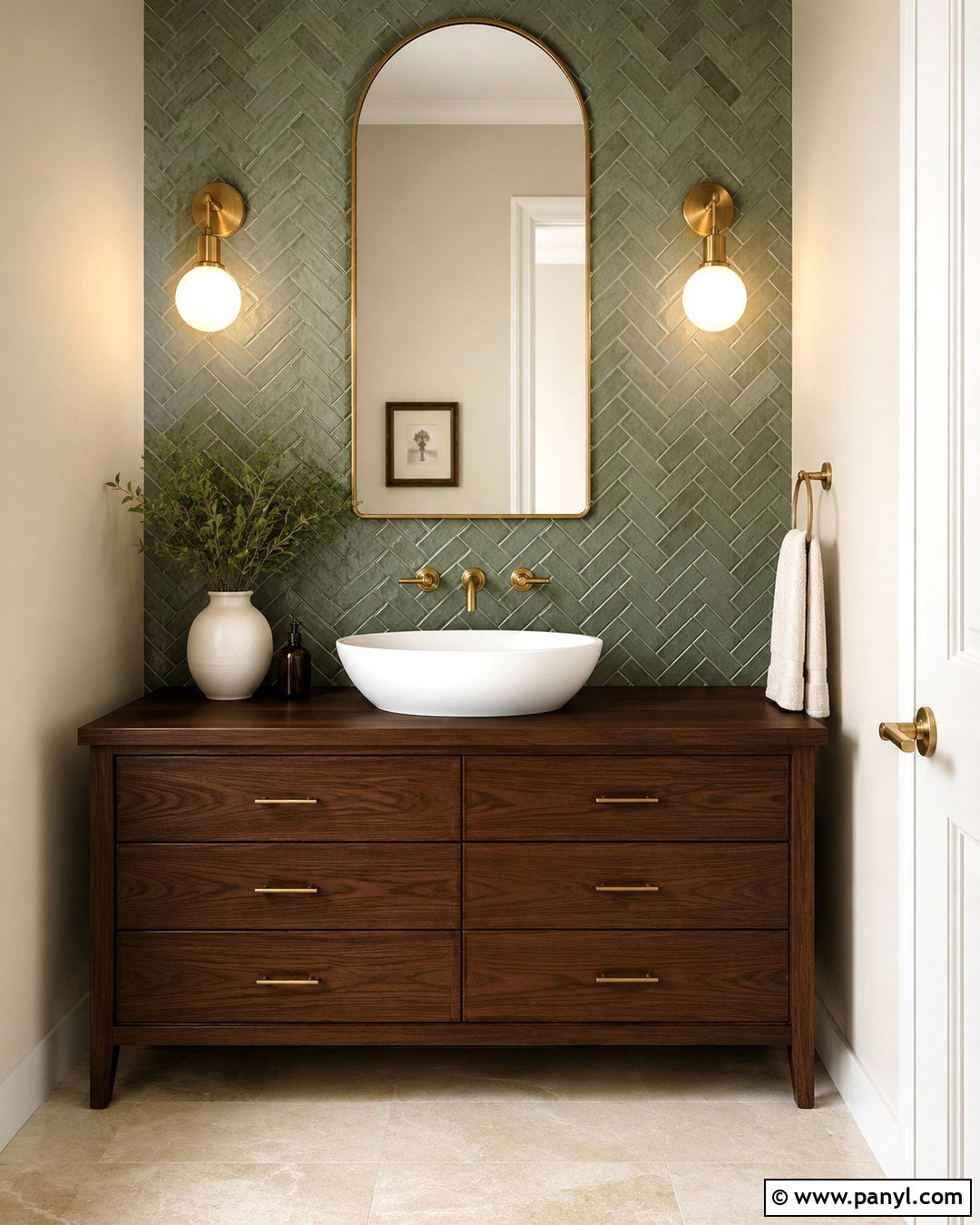 Green Herringbone Tile Powder Room - 20 Green Tile Accent Wall Ideas