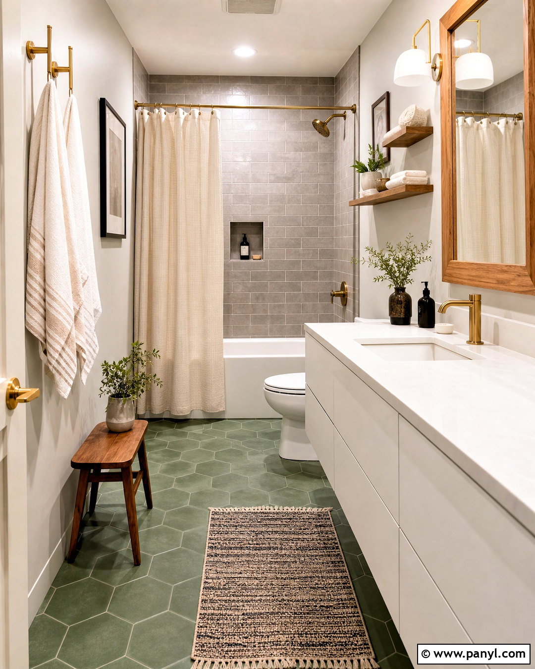 Green Hexagon Floor With Grey Walls - 20 grey and green bathroom ideas