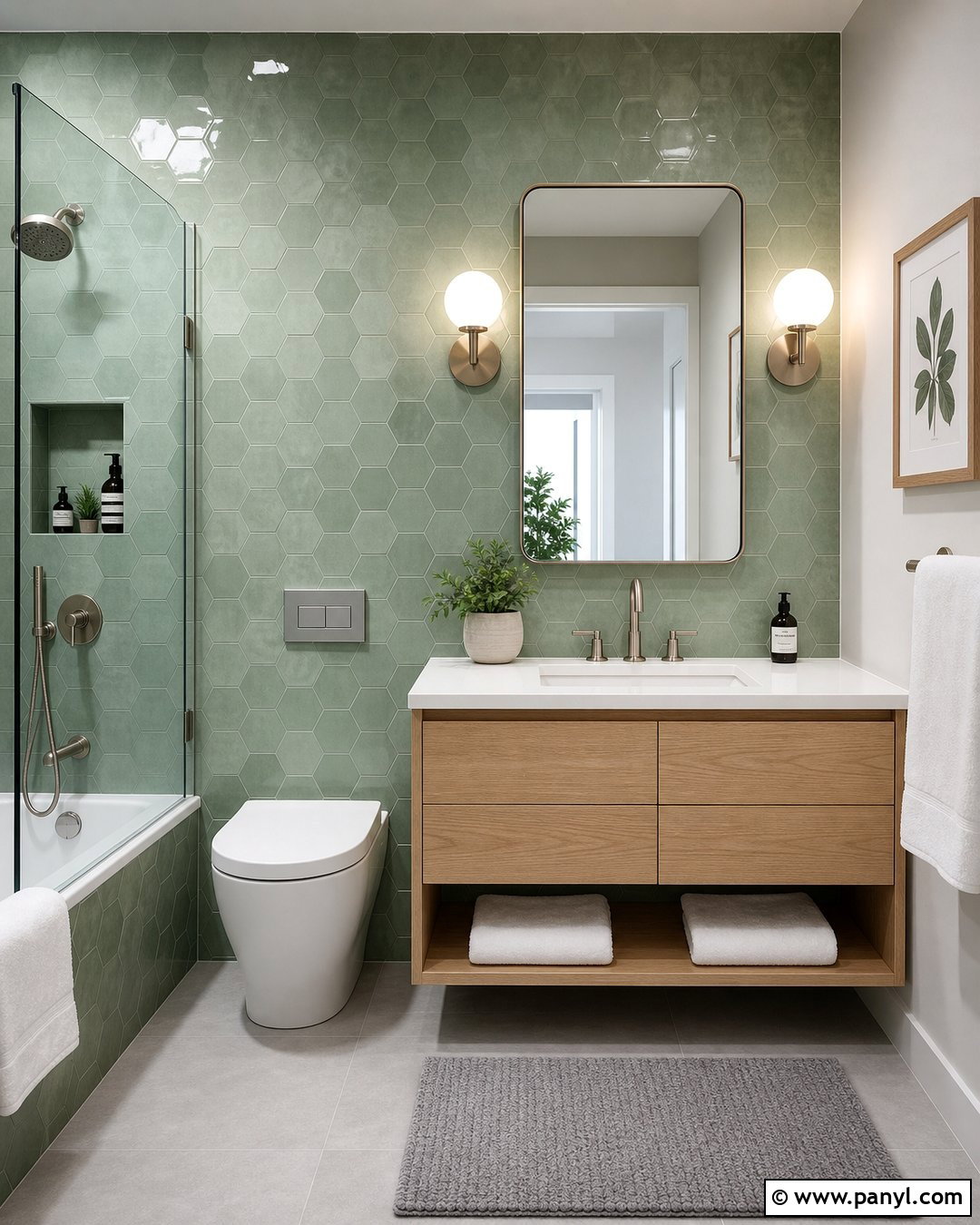 Green Hexagon Tile Bathroom Walls - 35 Green Bathroom Walls