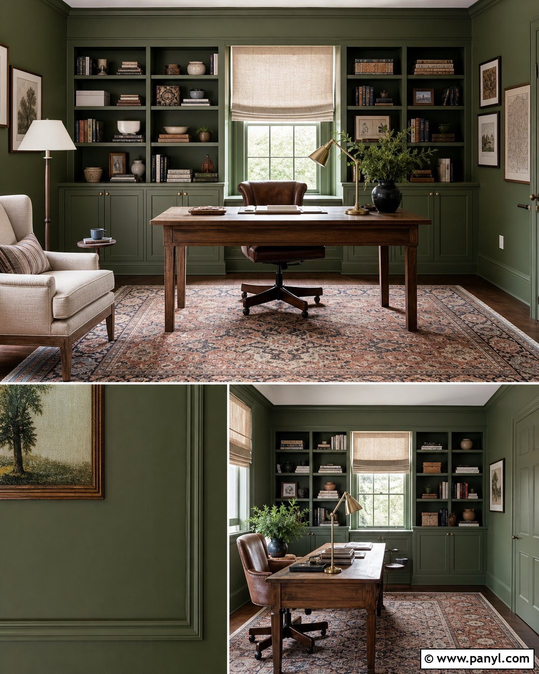 Green Home Office With Built-In Shelves - 50 green walls