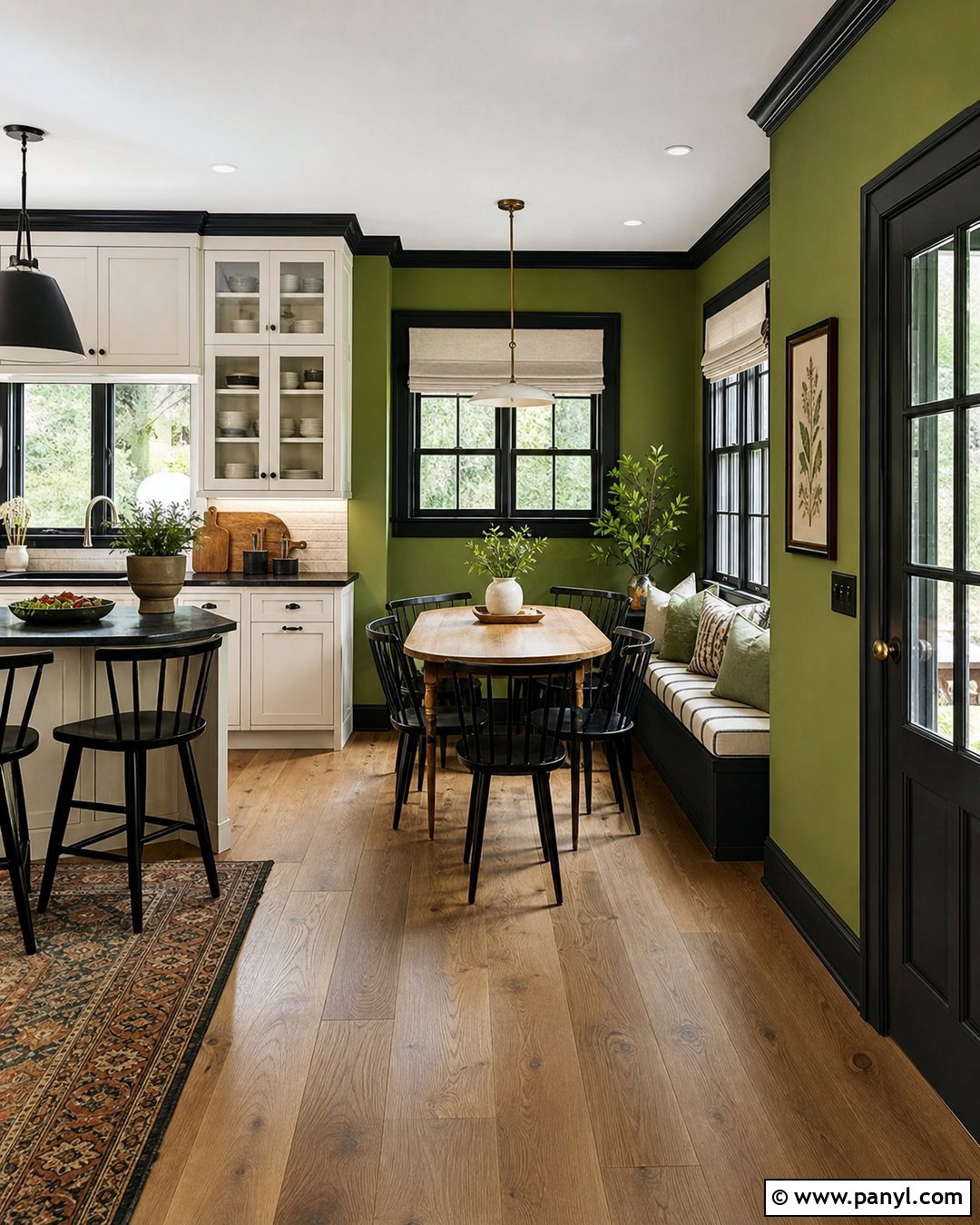 Green Kitchen Breakfast Room With Black Trim - 25 Green Wall Black Trim Ideas