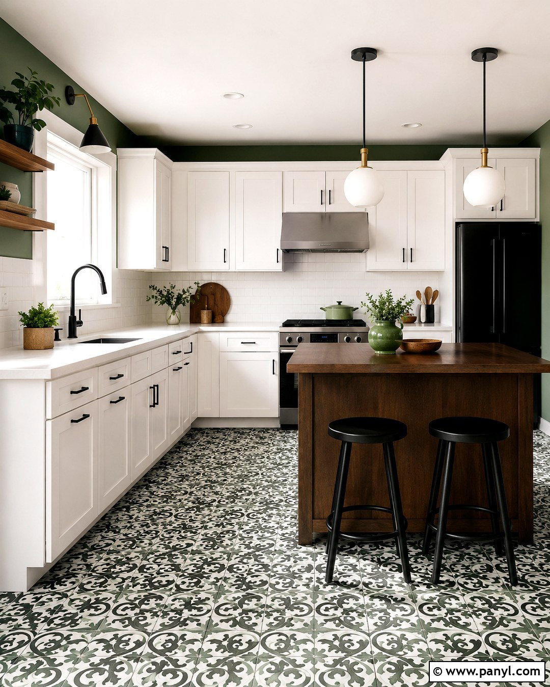 Green Kitchen Walls With White Cabinets And Patterned Floors - 20 Green Walls With White Cabinets