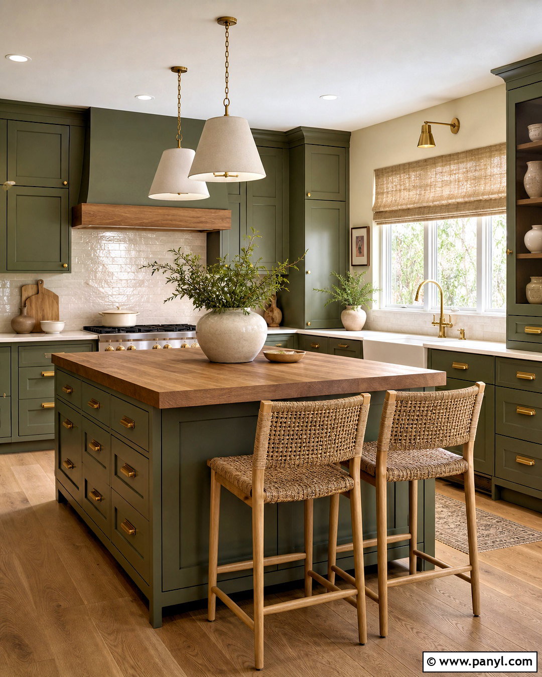 Green Kitchen With Brass Hardware - 20 earthy green kitchen ideas