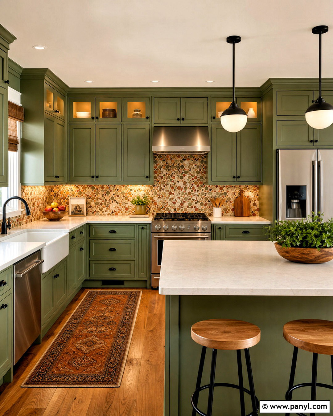 Green Kitchen With Orange Mosaic Backsplash - 20 green and orange kitchen ideas