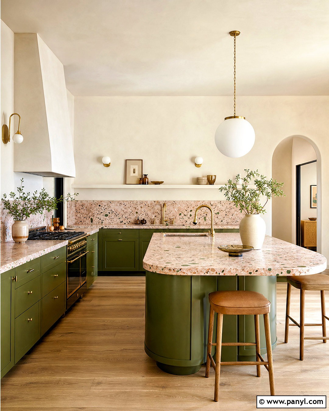 Green Kitchen With Pink Terrazzo Countertops - 20 pink and green kitchen ideas